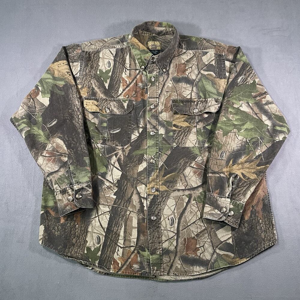 Y2K Wells Creek Camouflage Button Up Shirt Mens XL Long Sleeve Outdoor Adult